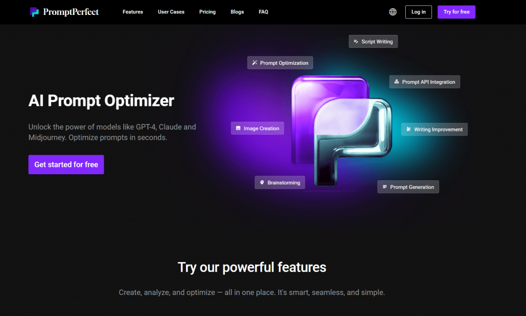 PromptPerfect AI prompt optimizer homepage interface showing features like prompt optimization and image creation.
