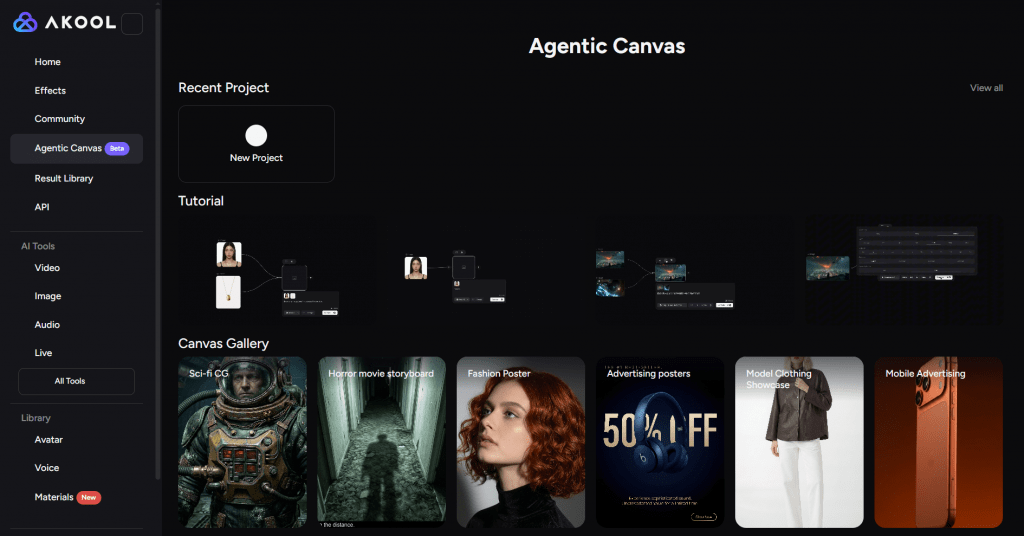 Akool Agentic Canvas dashboard interface featuring the project creator, tutorial section, and AI video and image gallery.