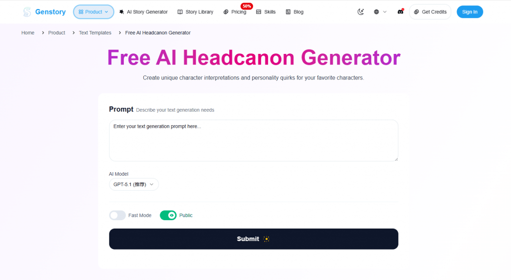 Genstory Free AI Headcanon Generator page with prompt input field and AI model selection dropdown.