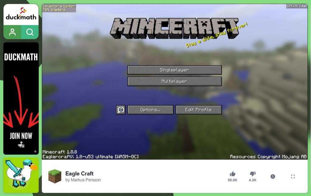 Eagle Craft unblocked game main menu on Duckmath platform showing Minecraft clone options.