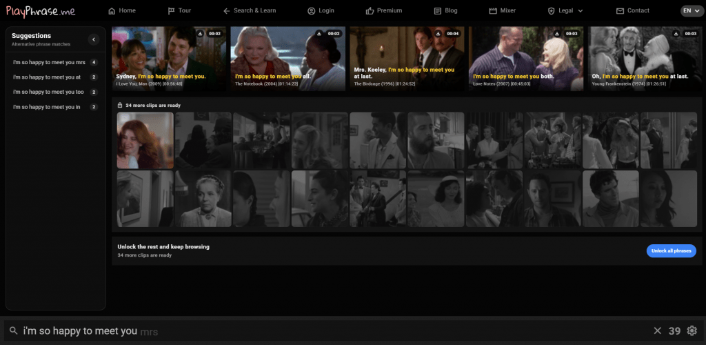 PlayPhrase.me search results page displaying movie clip thumbnails for the phrase variation suggestions.