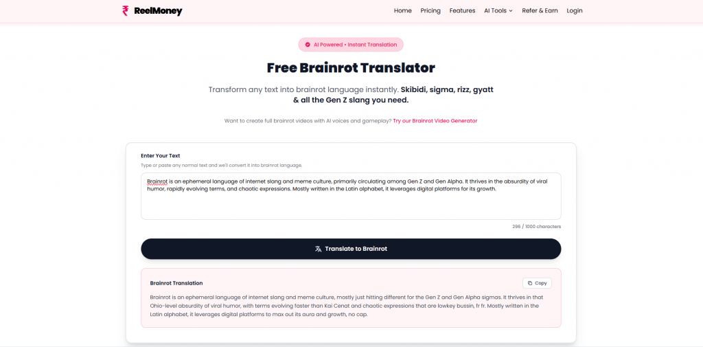 Screenshot of the ReelMoney Free Brainrot Translator web interface showing an English text paragraph converted into Gen Z slang with words like sigmas, Ohio-level, Kai Cenat, bussin, and no cap.