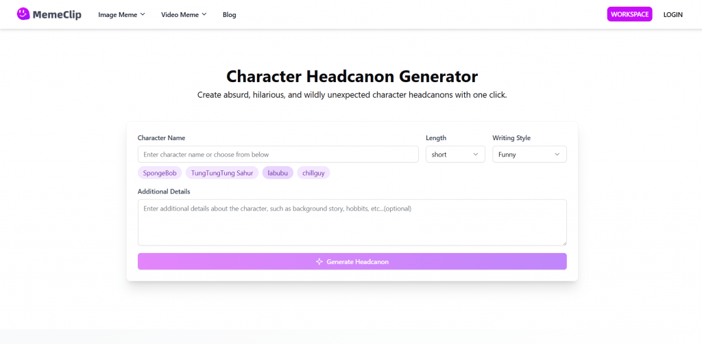 MemeClip Character Headcanon Generator interface with options for writing style and additional details.