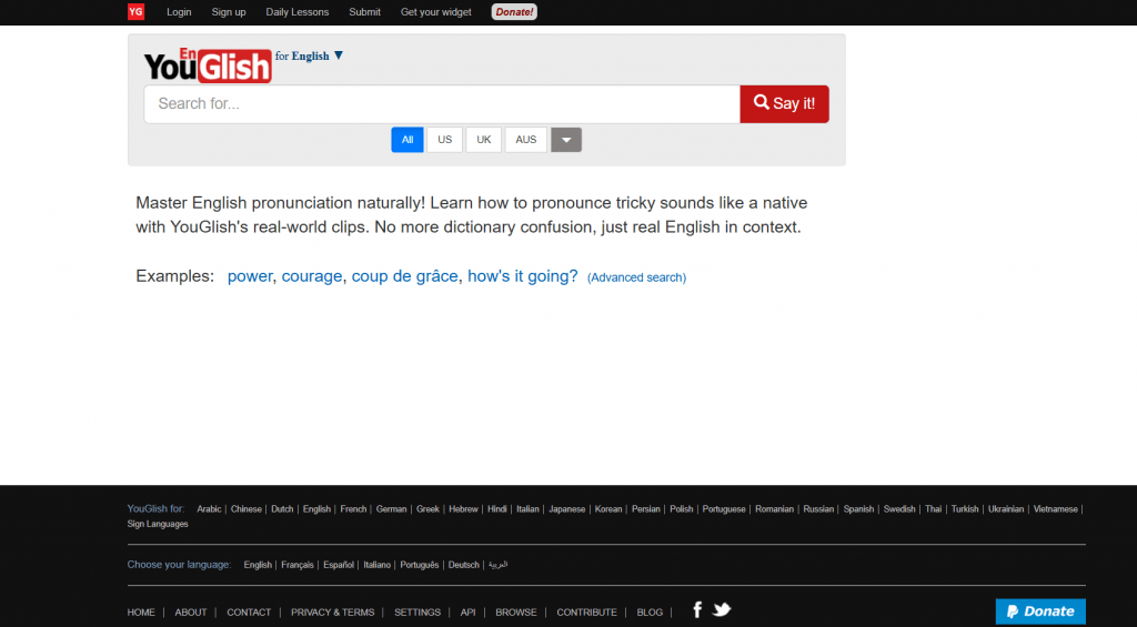 YouGlish English pronunciation search engine homepage with a central search bar and regional dialect options.