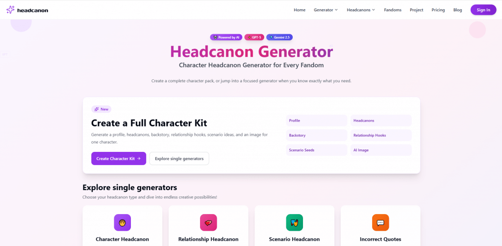 Headcanon website homepage showing the AI Character Kit generator powered by GPT-5 and Gemini 2.5.