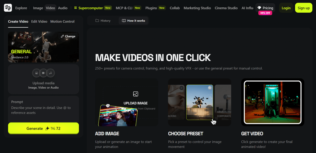AI video generator dashboard with options to create video in one click by adding images and presets.