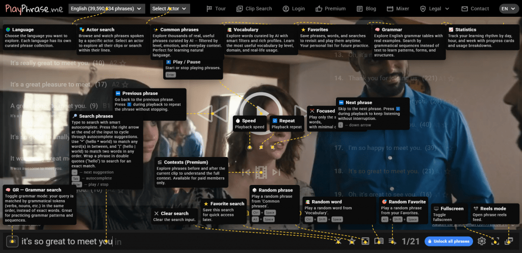 PlayPhrase.me website interface onboarding overlay showing features like search phrases, actor search, and common vocabulary.