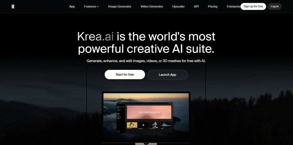 Krea AI creative suite homepage interface displaying tools for image and video generation.