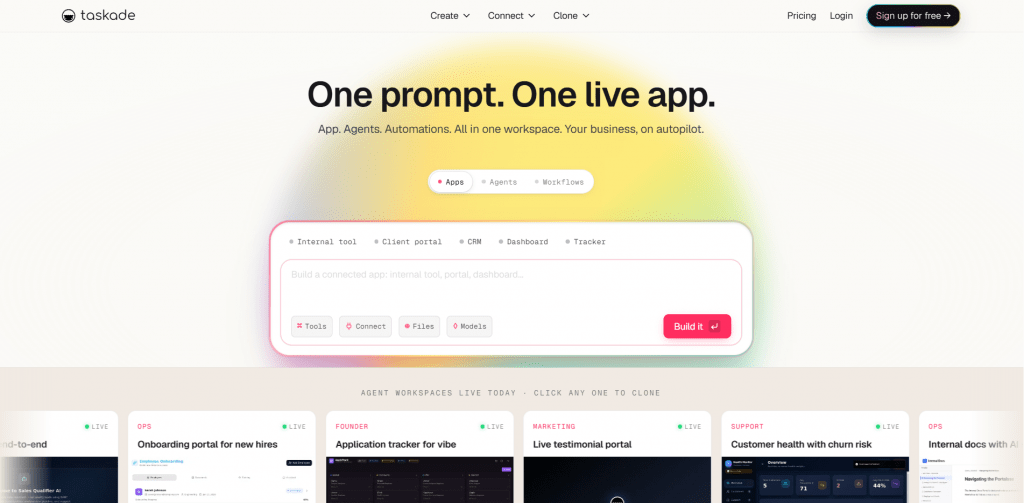 Taskade AI workspace homepage showing the prompt-to-app generation feature.