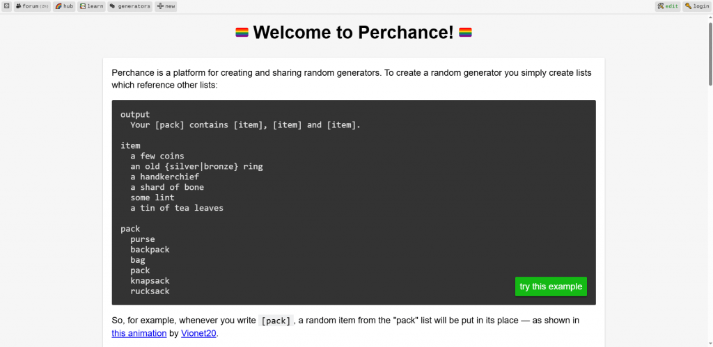 Perchance platform landing page with code editor for creating random list-based generators.