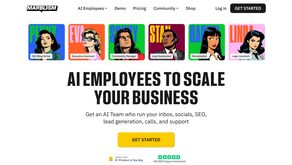 Marblism AI employees marketplace landing page showcasing virtual assistants for SEO, community management, and lead generation in comic book art style.