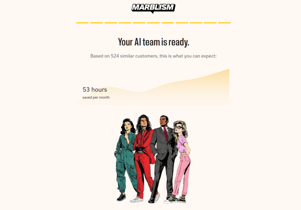 Marblism onboarding dashboard screen showing a productivity growth chart and a group of AI employee avatars.