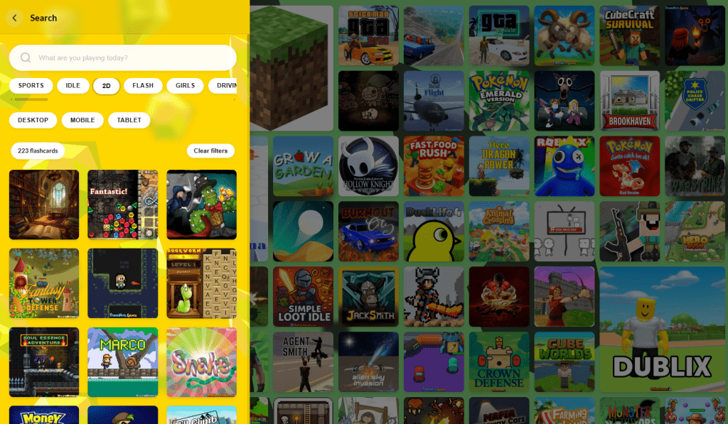 Duckmath game search interface with categories like sports, idle, 2D, flash, and device filters.