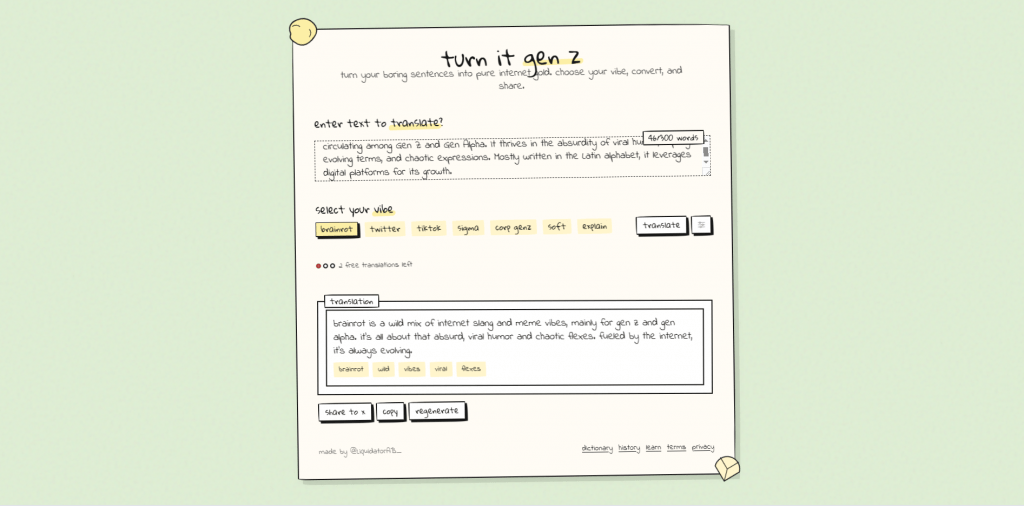 Screenshot of the Turn It Gen Z web app featuring a playful, hand-drawn paper sketch aesthetic UI with customizable vibe filters like brainrot, twitter, tiktok, and sigma.