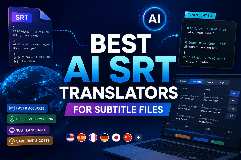 Infographic showing the best AI SRT translators for subtitle files, highlighting fast translation into over 100 languages with preserved formatting.