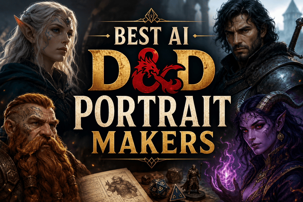 A collage of high-quality AI-generated D&D fantasy character portraits, including an elf, dwarf, warrior, and tiefling, alongside gaming dice and a character sheet with text reading Best AI DnD Portrait Makers.