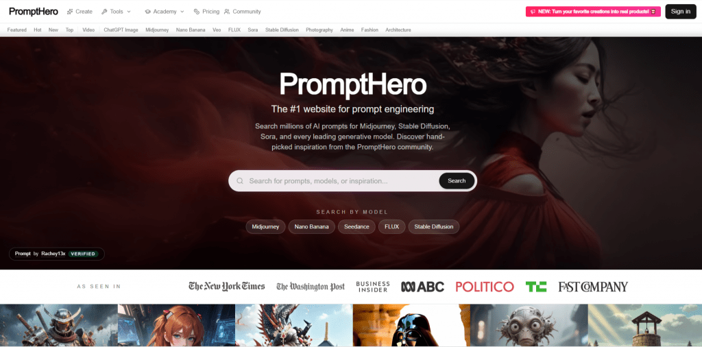PromptHero website homepage showing a search bar for millions of AI prompts.