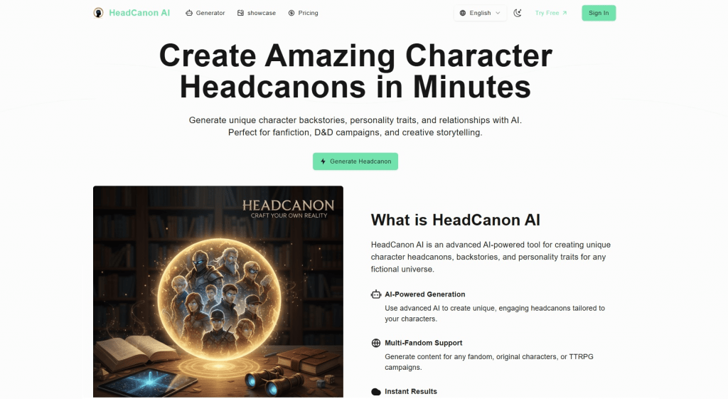 HeadCanon AI homepage showing features for fanfiction, D&D campaigns, and creative storytelling.