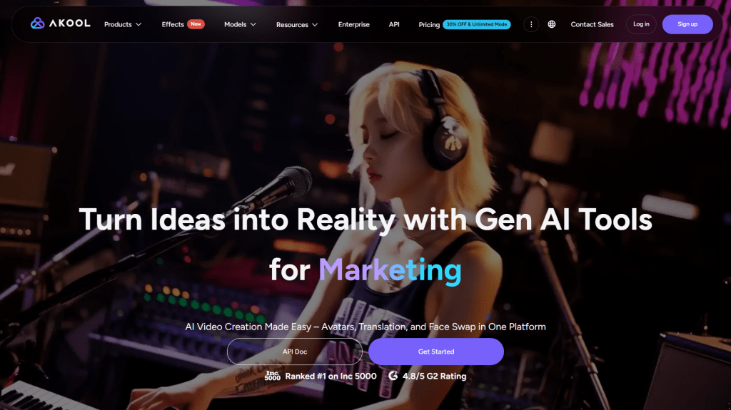 Akool website homepage hero section with the slogan "Turn Ideas into Reality with Gen AI Tools for Marketing".