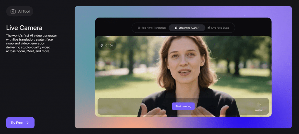 Akool Live Camera interface showing an AI video generator dashboard with real-time translation and streaming avatar features.