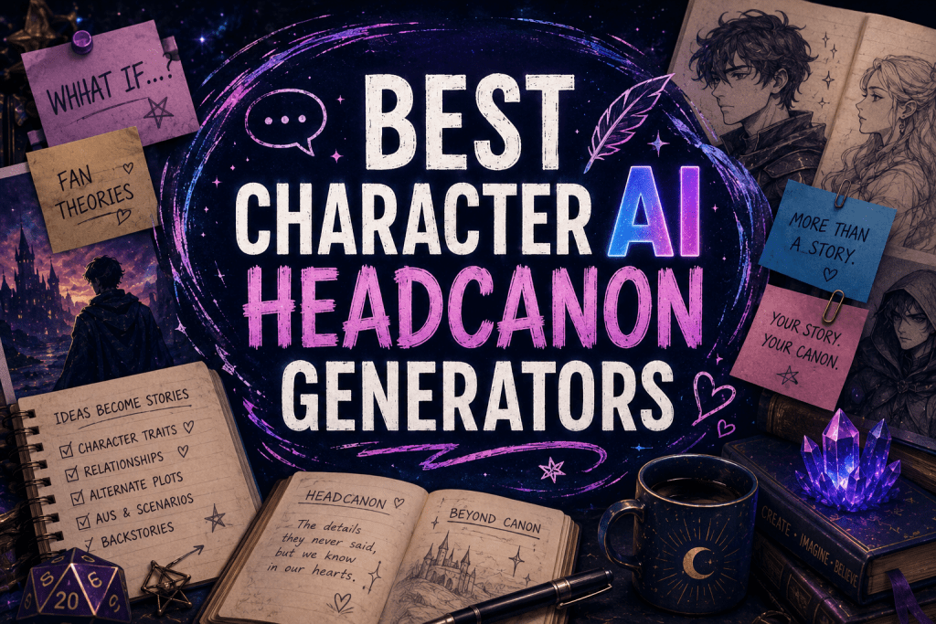 Best Character AI Headcanon Generators fantasy banner with open notebooks, crystals, and starry background.