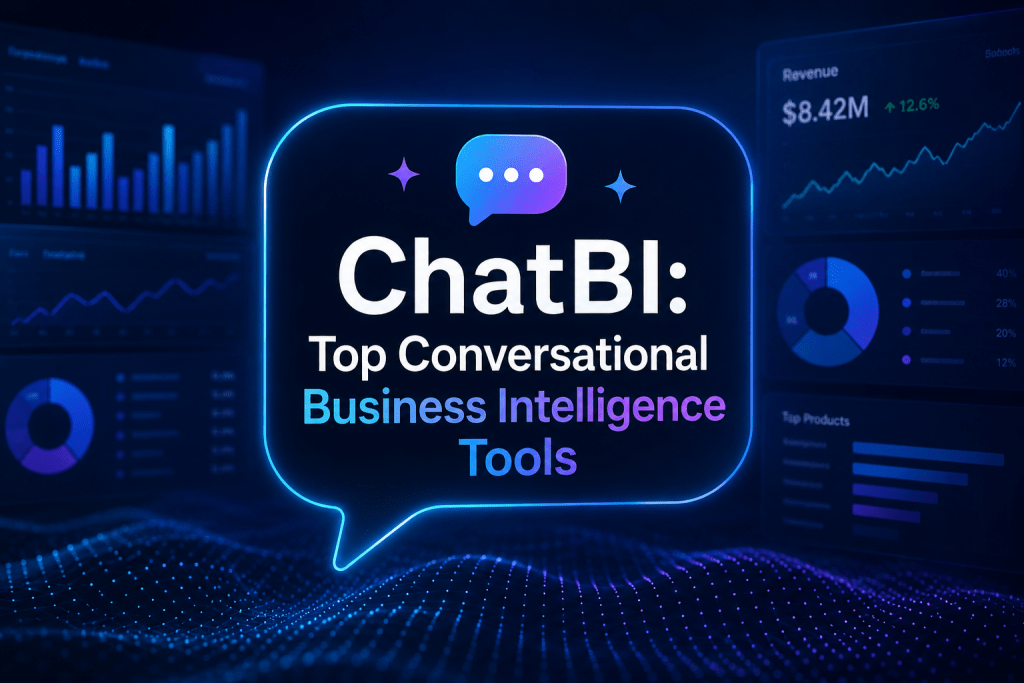 ChatBI title graphic showcasing top conversational business intelligence tools with futuristic data dashboards, revenue metrics, and financial charts in a neon blue and purple color theme.