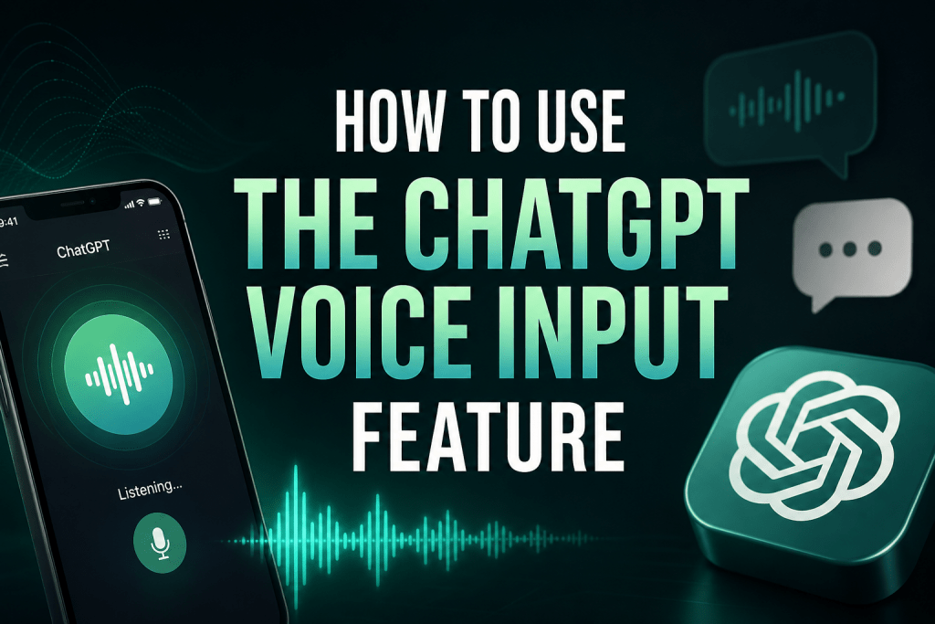 Banner reading "How to Use the ChatGPT Voice Input Feature" featuring a smartphone with a listening microphone icon and the ChatGPT logo.