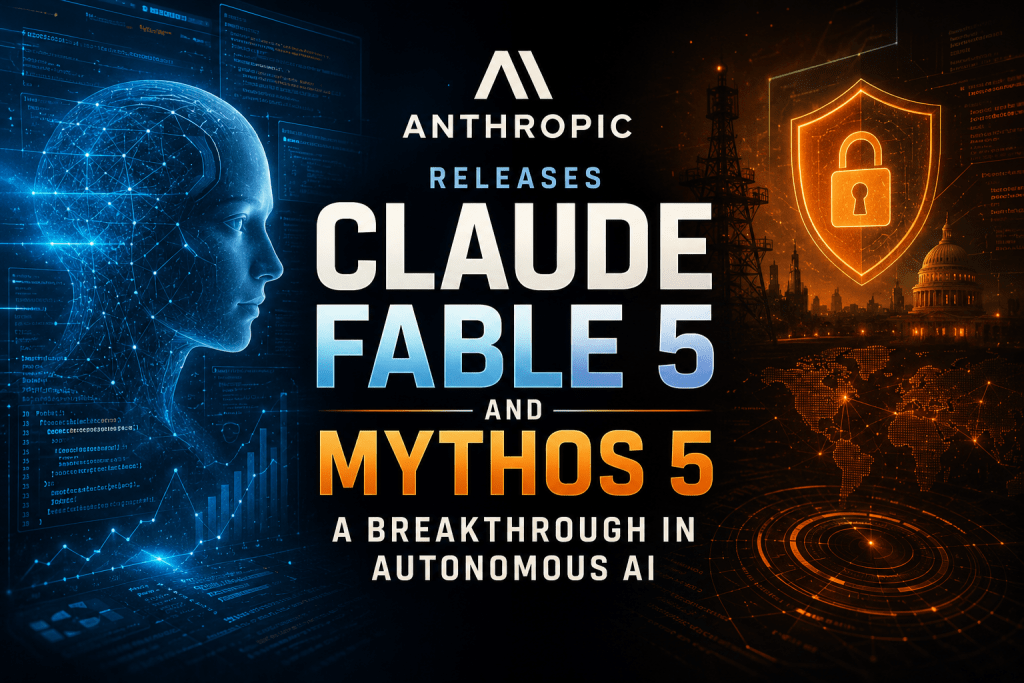 Promotional banner for Anthropic announcing the release of Claude Fable 5 and Mythos 5 autonomous AI models.