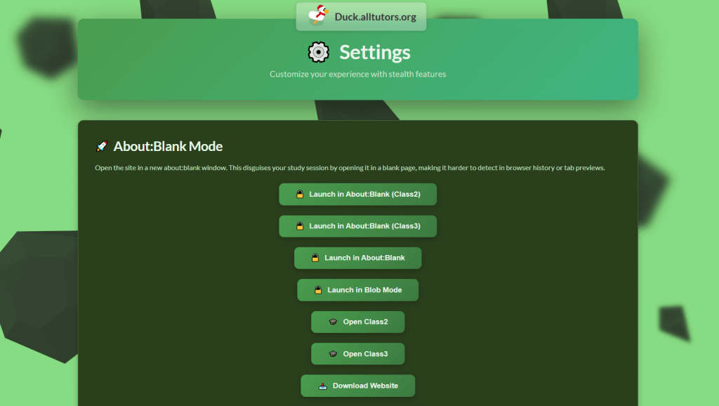 Duckmath proxy settings page showing options to launch games in about blank mode for privacy.