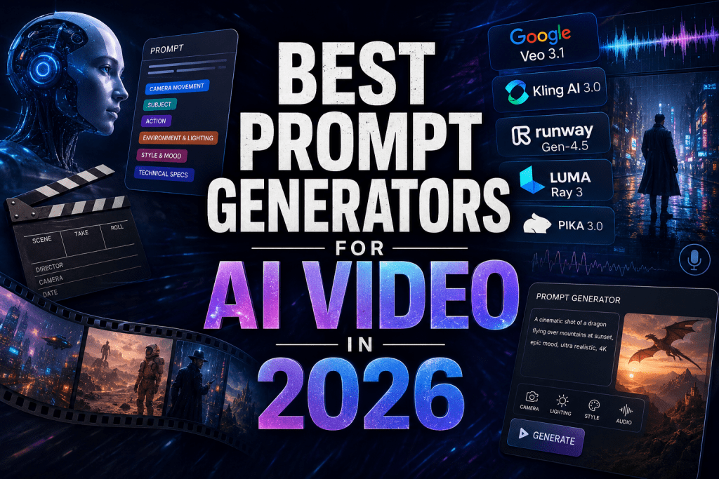 Futuristic banner highlighting the best prompt generators for AI video in 2026 with logos of top models.