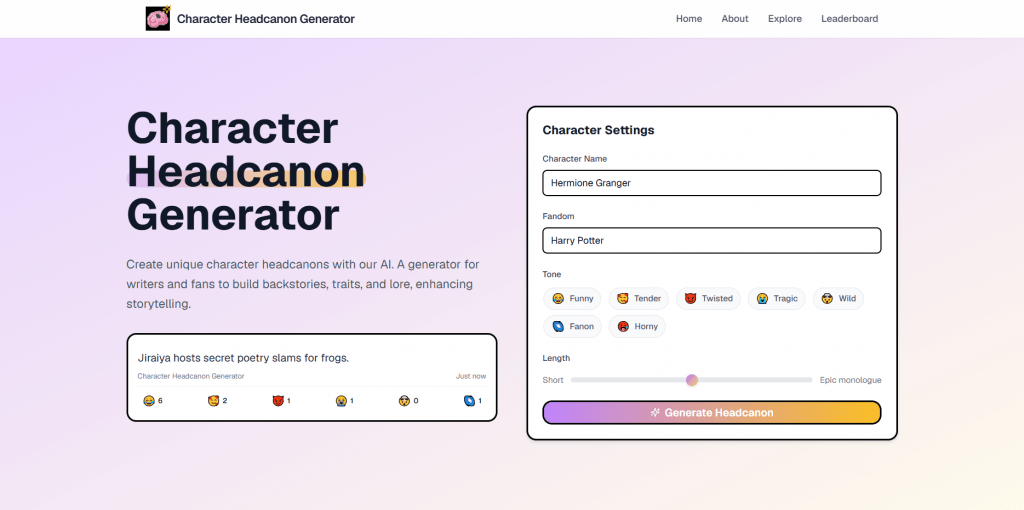 Character Headcanon Generator website interface featuring settings for Hermione Granger and Harry Potter fandom.