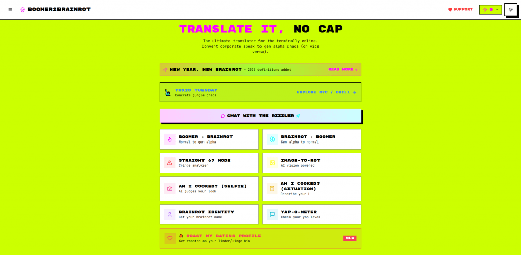 Screenshot of the Boomer2Brainrot website homepage featuring a bright neon yellow background, bold pixelated text reading Translate It, No Cap, and multiple interactive AI tools.