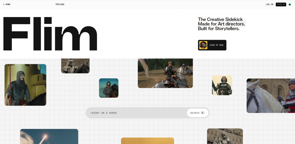 Flim AI image search engine homepage for art directors showing a grid of medieval movie stills and a search bar.