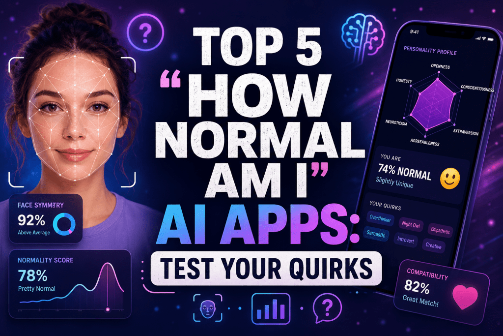 A dark, vibrant tech banner with the large text "TOP 5 'HOW NORMAL AM I' AI APPS: TEST YOUR QUIRKS". On the left, a woman's face is overlaid with a white geometric facial recognition grid, displaying a "92% Face Symmetry" and a "78% Normality Score". On the right, a smartphone screen shows a personality profile radar chart, a "74% Normal" rating, personality quirks like "Overthinker" and "Night Owl", and an "82% Compatibility" score.