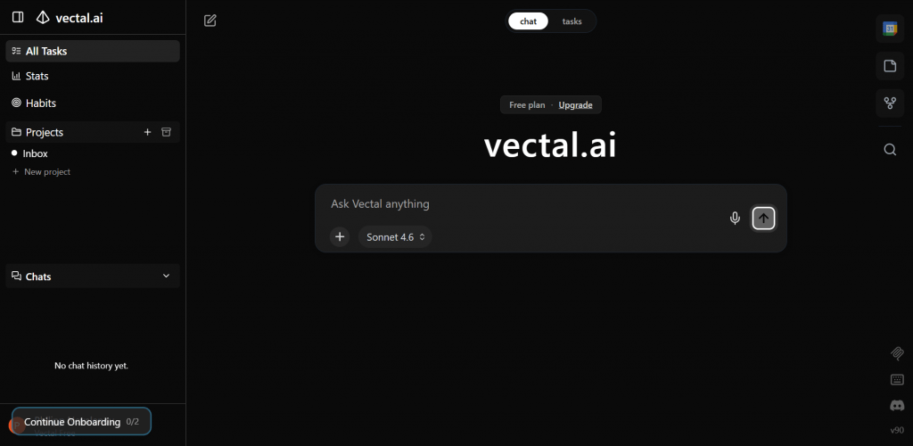 Vectal AI dark mode dashboard showing the main chat interface with Sonnet 4.6 model selector.