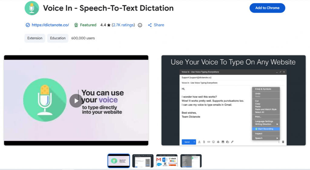 Chrome Web Store page for the Voice In Speech-to-Text Dictation extension with a microphone logo and over 600,000 users.
