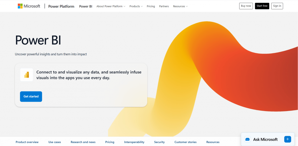 Microsoft Power BI platform homepage displaying a modern user interface, custom data visualization widgets, and an "Ask Microsoft" AI assistant chat button.
