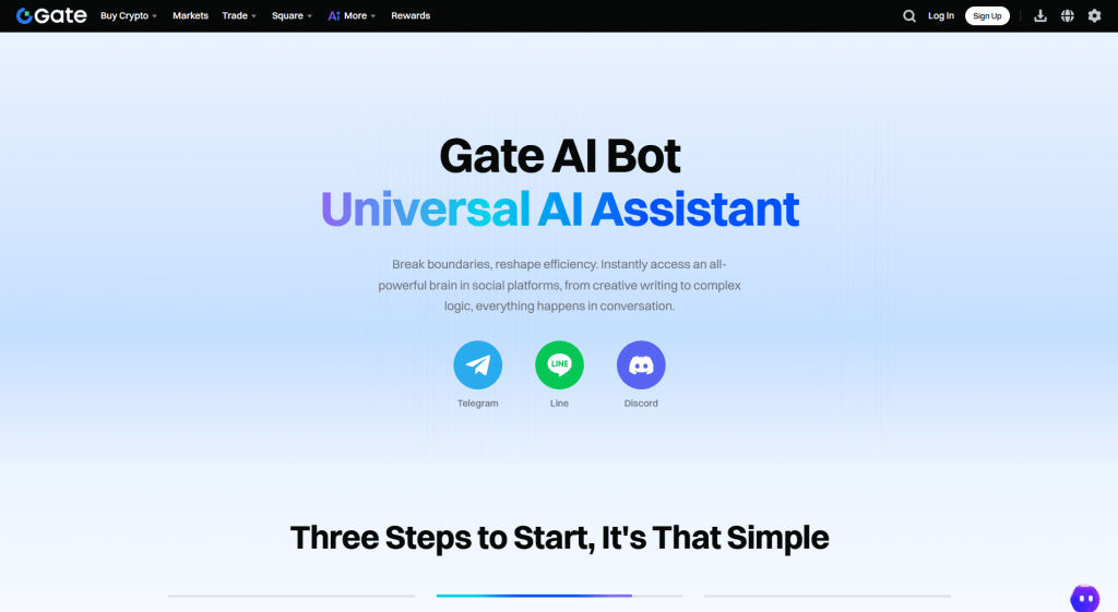 Gate AI Bot Universal AI Assistant homepage interface showing Telegram, Line, and Discord integration icons on a light blue gradient background.