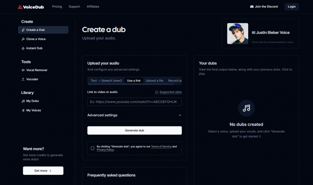 VoiceDub web interface featuring options to create an AI dub, clone a voice, and remove vocals with a link input field.