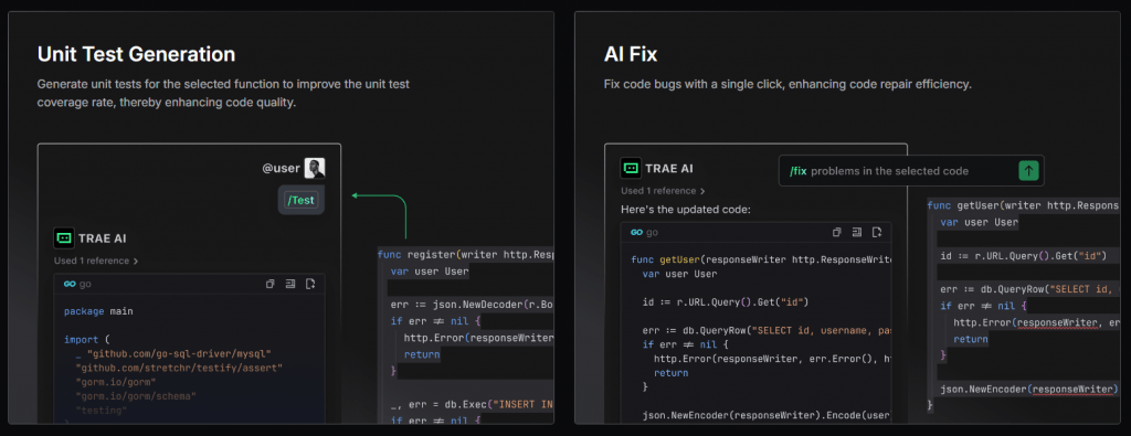 Trae AI programming assistant generating unit tests for Go language and applying a one-click AI code bug fix in a dark mode IDE interface.