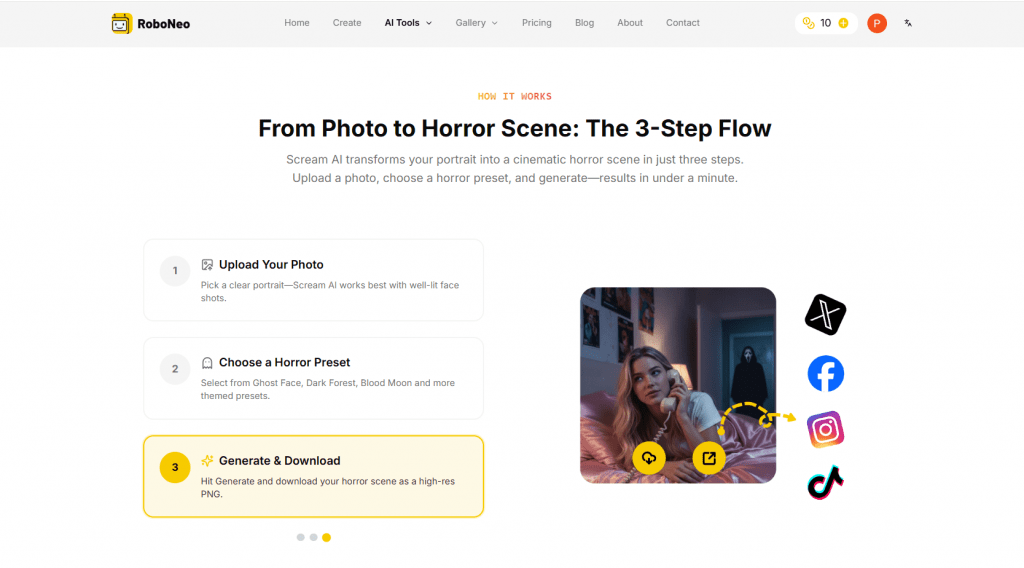 RoboNeo Scream AI interface showing the 3-step process to transform photos into horror scenes.
