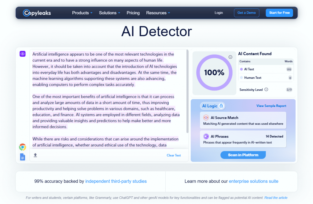 Copyleaks AI Detector dashboard interface showing a text sample flagged as 100% AI-generated content highlighted in purple.