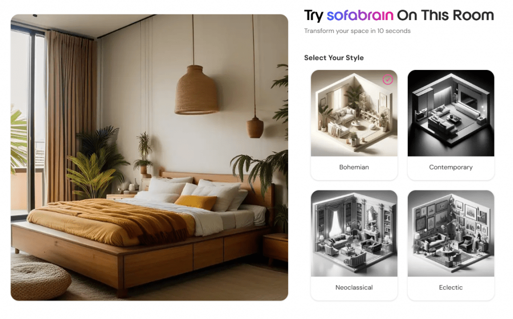 SofaBrain interface demonstrating a bohemian bedroom layout alongside alternative AI design styles like Contemporary, Neoclassical, and Eclectic.