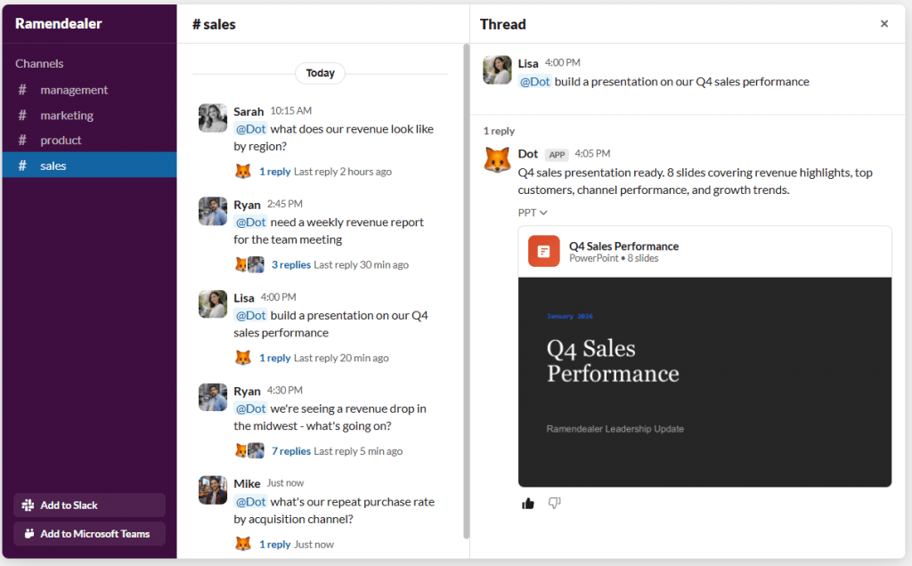 Chat Slack integration showing an AI chatbot named Dot generating a Q4 sales performance PowerPoint presentation directly from a team chat thread.