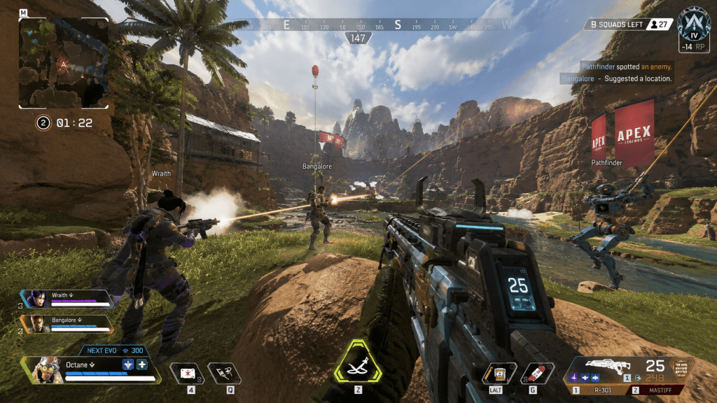 Apex Legends gameplay showing player aiming at enemies with an R-301 carbine