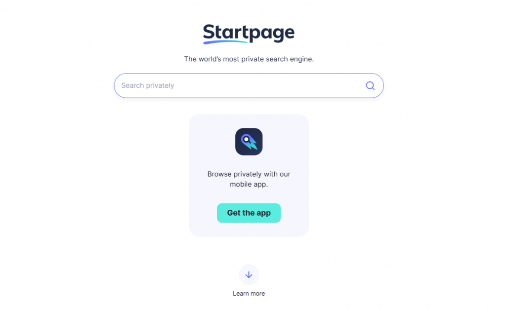 Startpage search engine interface with a private search bar and a mobile app download prompt.