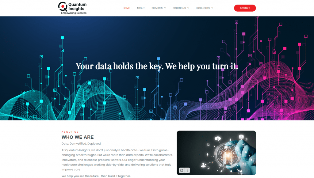 Quantum Insights homepage displaying abstract data visualization graphics and a healthcare data analytics module.