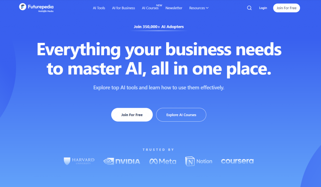 Futurepedia homepage featuring the headline "Everything your business needs to master AI, all in one place" with a blue background.