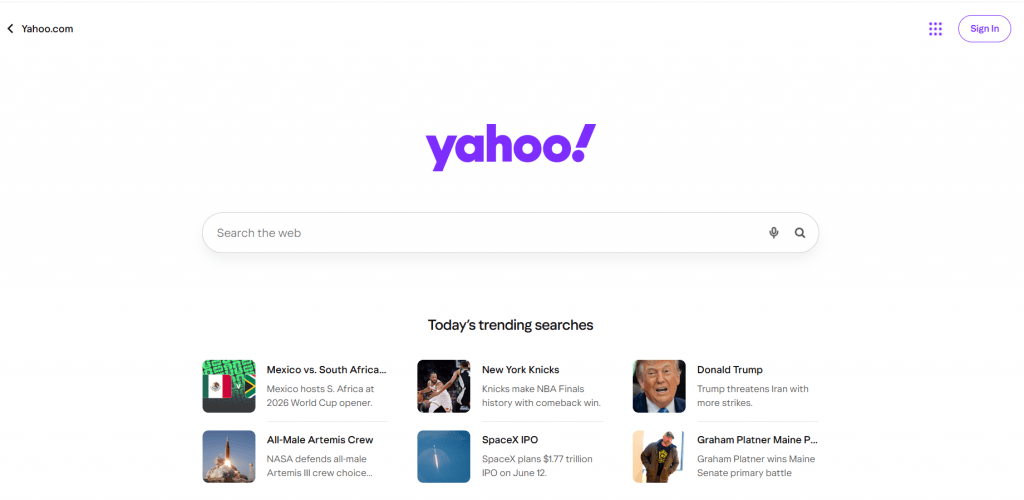 Yahoo search homepage showing the main search bar and a section for today's trending search topics.