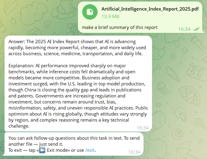 Telegram AI bot summarizing a PDF report on the "2025 AI Index".